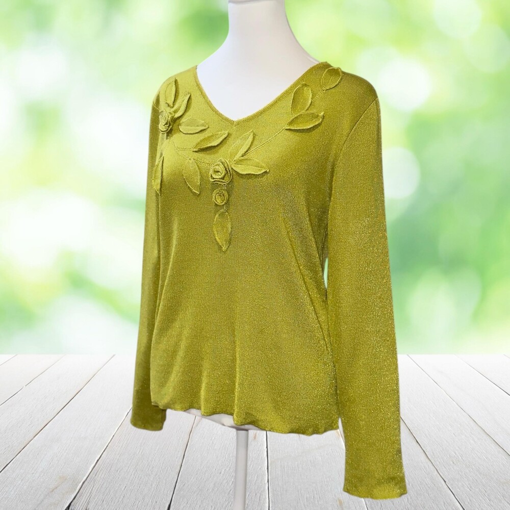 Vintage Y2K Sweater 3D Rose Floral Applique Fairycore Whimsigoth Chartreuse Sz S